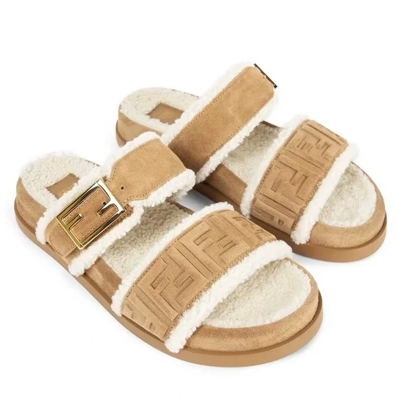 FENDI Feel FF logo shearling lined suede leather slides sandals - Picture 4 of 8